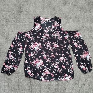Charming Charlie cold shoulder faux wrap floral shirt, women's xs